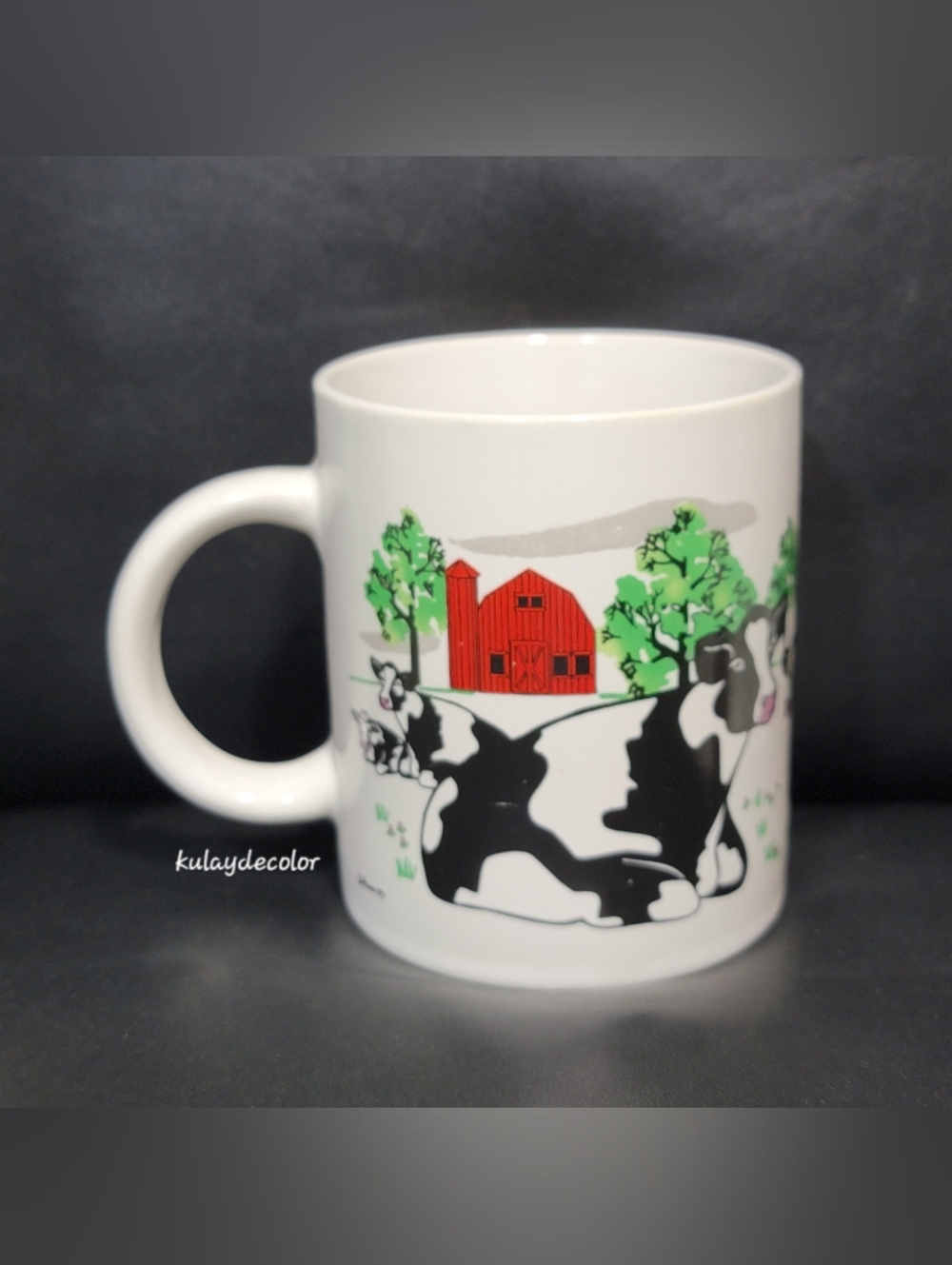 Vintage Farmhouse Mug Black White Spots Cow Red Barn Country Kitchen Cup Rosen